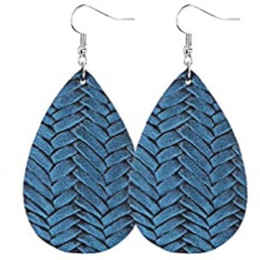 New Boutique Lightweight Braided Faux Leather Metallic Blue Teardrop Earrings